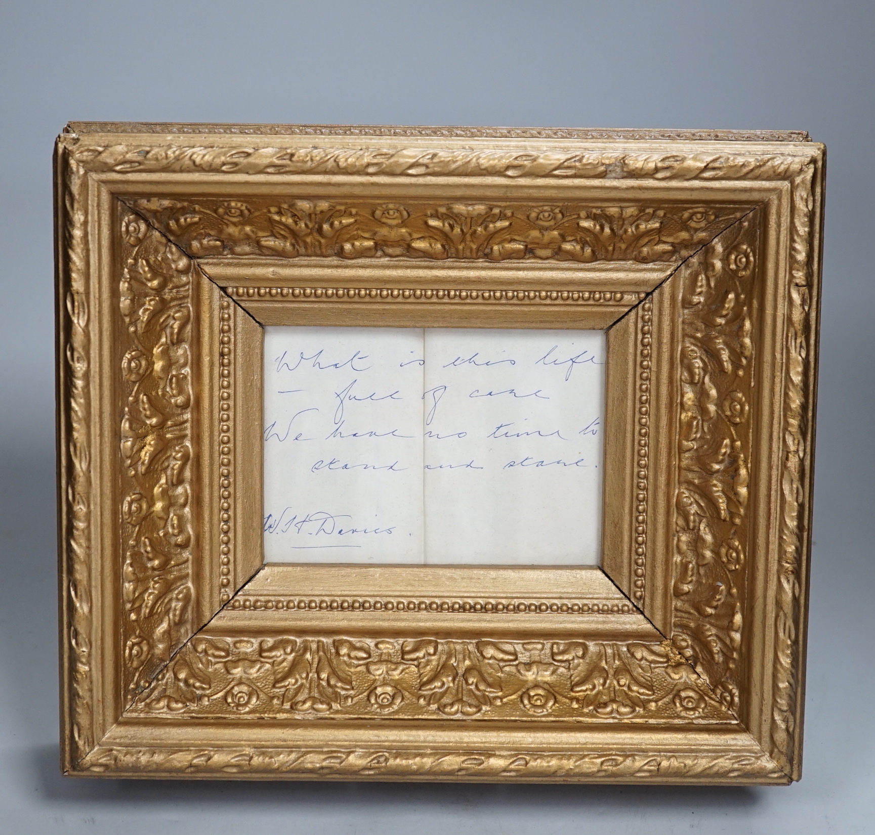 W.H. Davies, (Welsh poet), inscribed and signed verse, ornate gilt framed